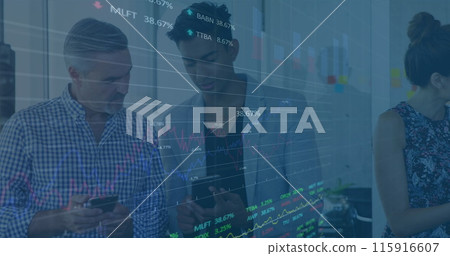 Image of financial data processing and stock market over diverse business people 115916607
