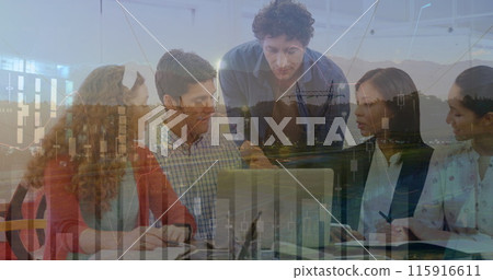 Image of finance data over group of diverse businesspeople working with technology in office 115916611