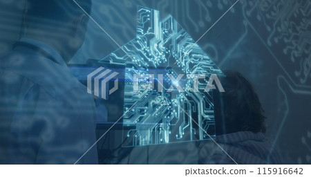 Image of computer circuit board house over caucasian male doctor and boy 115916642