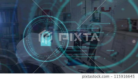 Image of online security padlock and scope over caucasian male doctors 115916645