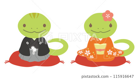 Illustration of a cute snake couple wearing Japanese clothes, material for New Year's cards for the Year of the Snake 115916647