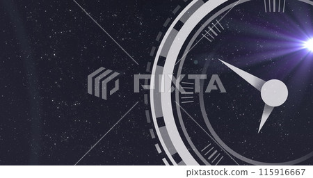 Image of clock moving over stars on black background 115916667