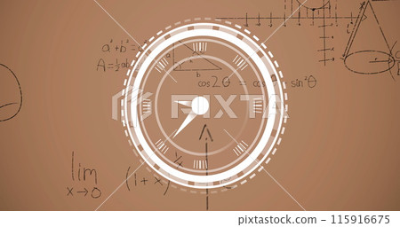 Image of clock moving over math formulas over beige background 115916675
