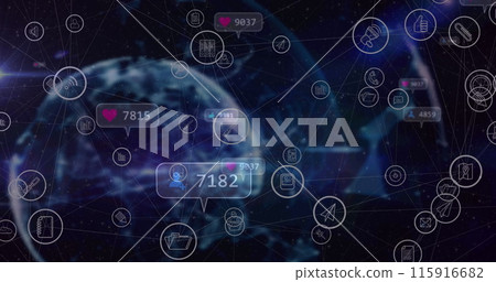 Image of media icons and globe on black background Image of media icons and globe on black background 115916682