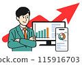 Illustration of a businessman who successfully improved his business performance through data analysis 115916703
