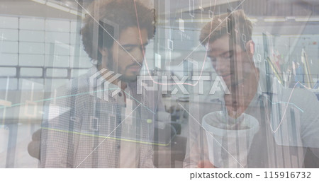 Image of financial graphs and data over diverse businesspeople talking in office Image of financial graphs and data over diverse businesspeople talking in office 115916732
