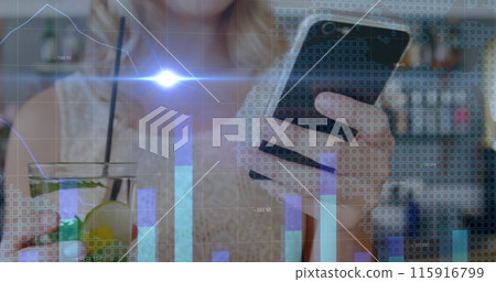 Image of light and graphs over midsection of caucasian woman using smartphone Image of light and graphs over midsection of caucasian woman using smartphone 115916799
