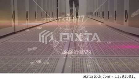 Globe of network of connections against low section of male engineer walking in computer server room 115916813