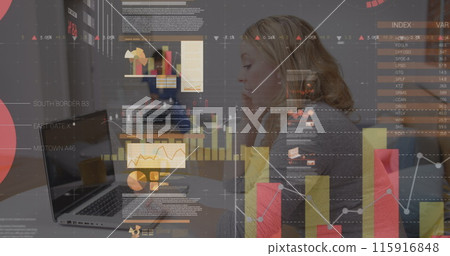 Image of statistics and data processing over shelves in shop Image of statistics and data processing over shelves in shop 115916848