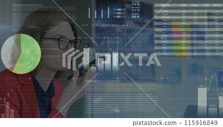 Image of financial data processing over business people walking Image of financial data processing over business people walking 115916849