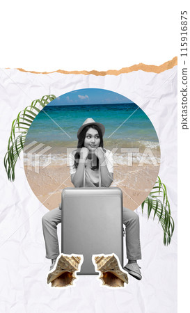 Portrait of a woman in a hat sitting on a suitcase 115916875