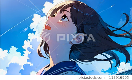 Anime illustration of a high school girl looking up at the summer sky Anime illustration of a high school girl looking up at the summer sky 115916905