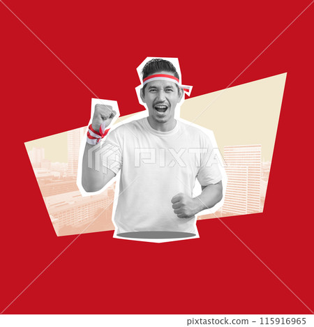 Portrait of an Indonesian man with Indonesian flag ornament Portrait of an Indonesian man with Indonesian flag ornament 115916965