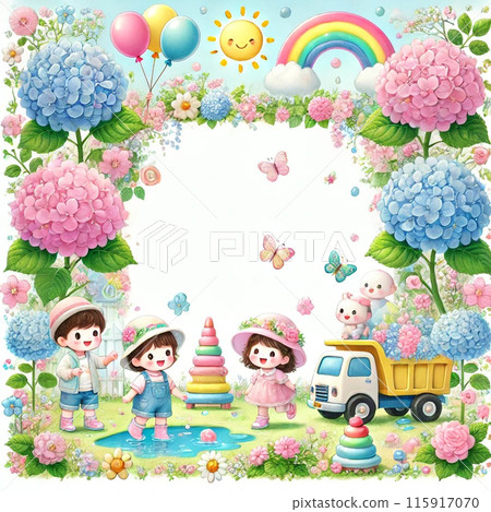這是一幅初夏插圖，強調了可以在幼兒園使用的繡球花。孩子們和卡拉在花園裡玩耍 115917070