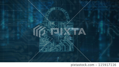 Image of security padlock icon and data processing over male hacker using laptop 115917116