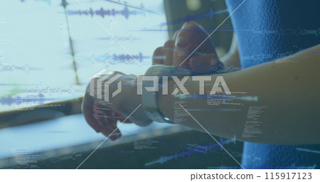 Image of data processing on screens over caucasian woman checking smartwatch Image of data processing on screens over caucasian woman checking smartwatch 115917123