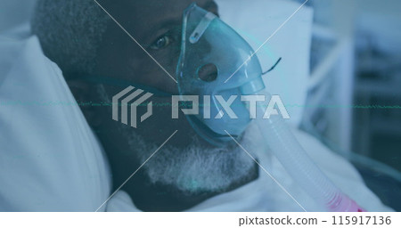 Image of data processing over african american man using oxygen mask Image of data processing over african american man using oxygen mask 115917136