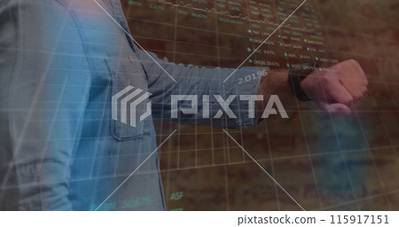 Image of data processing over caucasian man with smartwatch 115917151