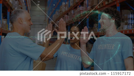 Image of data processing over diverse male and female volunteers high fiving each other 115917172