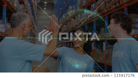 Image of data processing over diverse male and female volunteers high fiving each other Image of data processing over diverse male and female volunteers high fiving each other 115917176