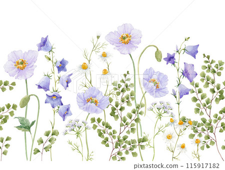 Beautiful horizontal summer floral seamless pattern with watercolor hand drawn flowers. Natural floral print. Stock illustration. Surface background and wallpaper design. Beautiful horizontal summer floral seamless pattern with watercolor hand drawn flowers. Natural floral print. Stock illustration. Surface background and wallpaper design. 115917182