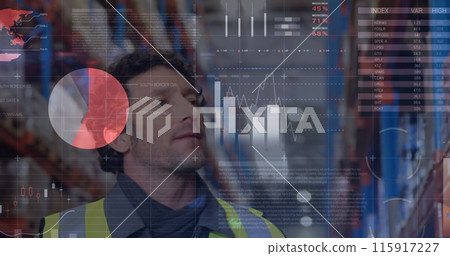 Image of statistical data processing over caucasian male worker checking stock at warehouse 115917227