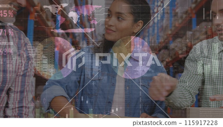 Image of data processing over diverse male and female volunteers opening donation box 115917228