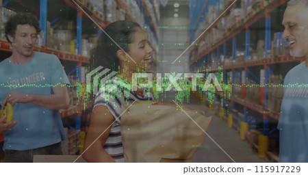Image of data processing over indian woman donating to caucasian male volunteer at warehouse Image of data processing over indian woman donating to caucasian male volunteer at warehouse 115917229