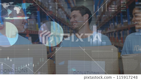 Image of data processing over diverse male and female volunteers laughing at warehouse 115917248