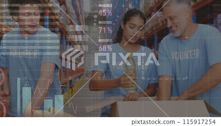 Image of data processing over diverse male and female volunteers opening donation box Image of data processing over diverse male and female volunteers opening donation box 115917254