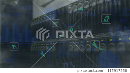 Image of icons and data processing over server room 115917266