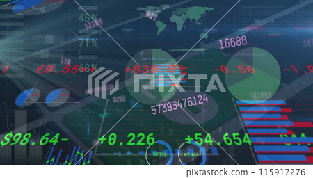 Image of covid cells and social media icons with computer cables 115917276