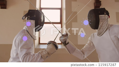 Image of virus cells over two fencers Image of virus cells over two fencers 115917287