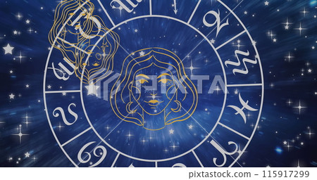 Image of horoscope symbols over stars on blue background 115917299