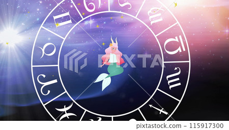 Image of horoscope symbols over stars on blue background 115917300