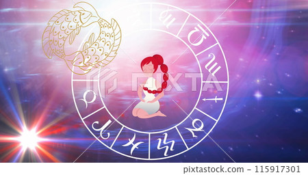 Image of horoscope symbols over stars on blue background 115917301
