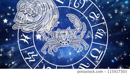 Image of horoscope symbols over stars on blue background Image of horoscope symbols over stars on blue background 115917303