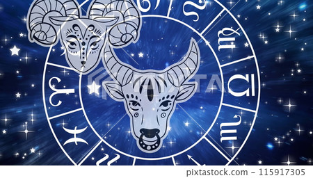 Image of horoscope symbols over stars on blue background Image of horoscope symbols over stars on blue background 115917305