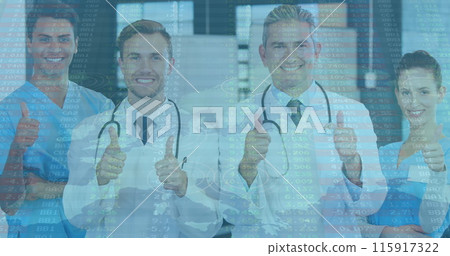 Data processing over portrait of team of medical health workers showing thumbs up at the hospital Data processing over portrait of team of medical health workers showing thumbs up at the hospital 115917322