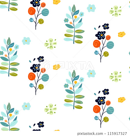 Seamless pattern featuring enchanting plants, flowers, and woodland berries in bright, vibrant colors. Ideal for spring designs, textiles, and wallpapers. Captures a fresh and playful vibe with folk Seamless pattern featuring enchanting plants, flowers, and woodland berries in bright, vibrant colors. Ideal for spring designs, textiles, and wallpapers. Captures a fresh and playful vibe with folk 115917327