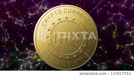 Image of nft text on golden coin and network of connections over dark background Image of nft text on golden coin and network of connections over dark background 115917352
