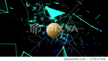 Image of nft text on golden coin and network of connections over dark background 115917369