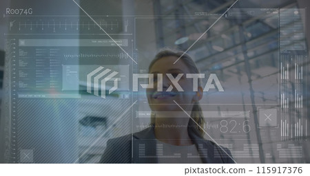 Image of data processing on screens over smiling caucasian businesswoman in modern building Image of data processing on screens over smiling caucasian businesswoman in modern building 115917376