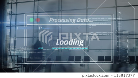 Image of interface screen with data loading over fast motion office workers walking in building Image of interface screen with data loading over fast motion office workers walking in building 115917377