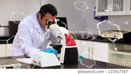 Image of scientific data processing over male scientist using microscope in laboratory Image of scientific data processing over male scientist using microscope in laboratory 115917387