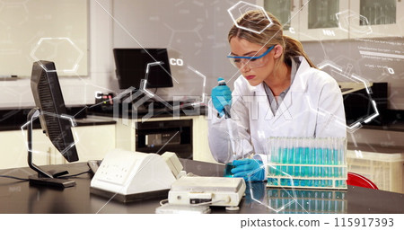 Image of chemical formulas over caucasian female lab worker 115917393