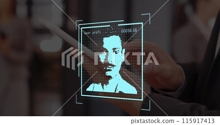 Image of user photos over hands of caucasian man using smartphone 115917413