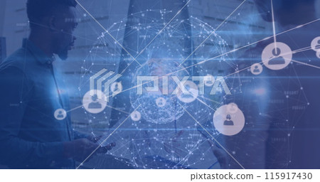 Image of network of connections and icons over two diverse business people Image of network of connections and icons over two diverse business people 115917430
