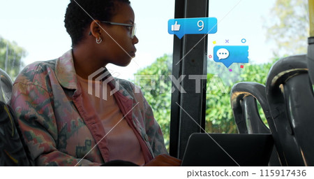 Speech bubble with increasing numbers against african american woman sitting in the bus Speech bubble with increasing numbers against african american woman sitting in the bus 115917436