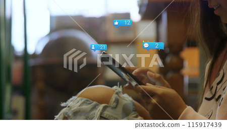 Image of media icons over caucasian woman using smartphone Image of media icons over caucasian woman using smartphone 115917439